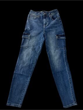 No Boundaries Women's Slim Straight Cargo Jeans - Dark Blue Wash